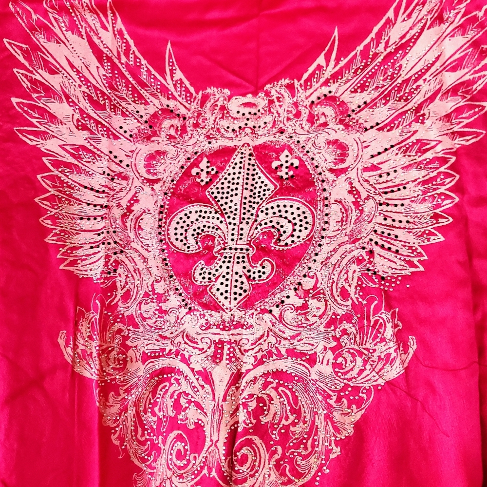 Huge hot pink scarf/wrap. Rhinestones fleur-de-lis feathered wings. Very Moda